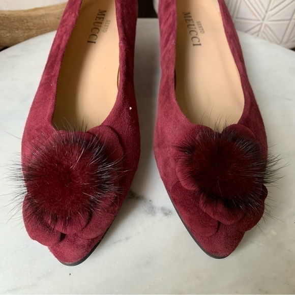 NEW Sesto Meucci Red Suede Ballerina Slip On Pumps with Rabbit Fur Pom size 7 - Picture 7 of 12